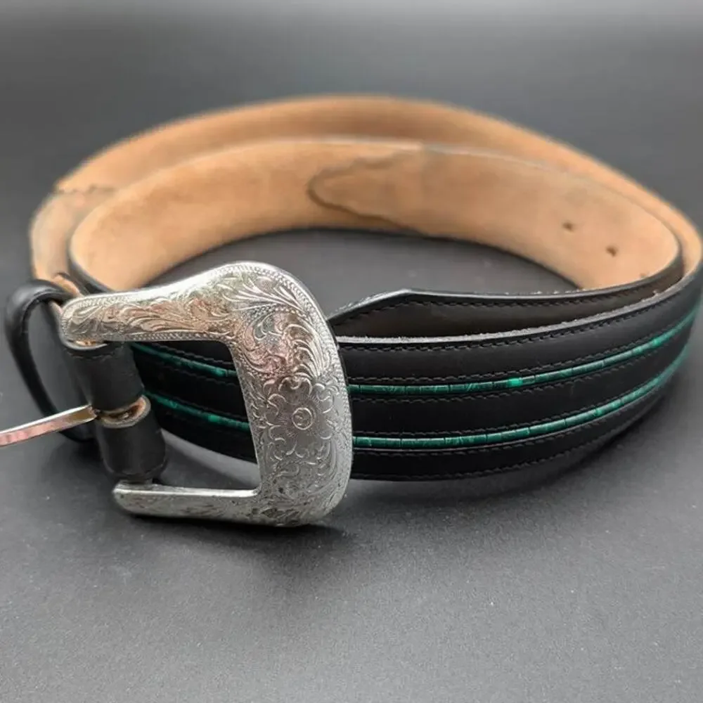 Tony Lama Belt Mens 44 Black Leather Tooled Buckle Green Beads Western Cowboy